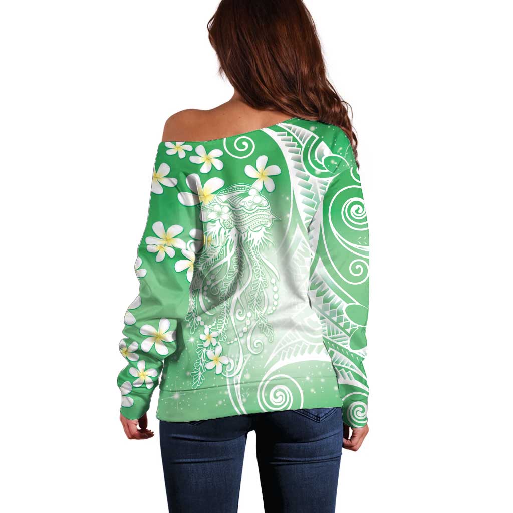 Polynesian Jellyfish Off Shoulder Sweater With Plumeria Green