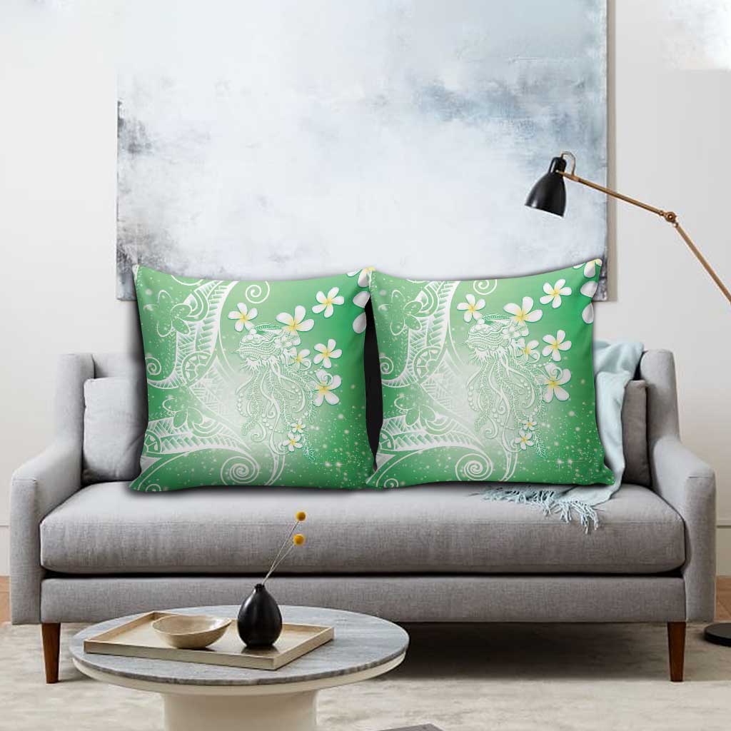 Polynesian Jellyfish Pillow Cover With Plumeria Green