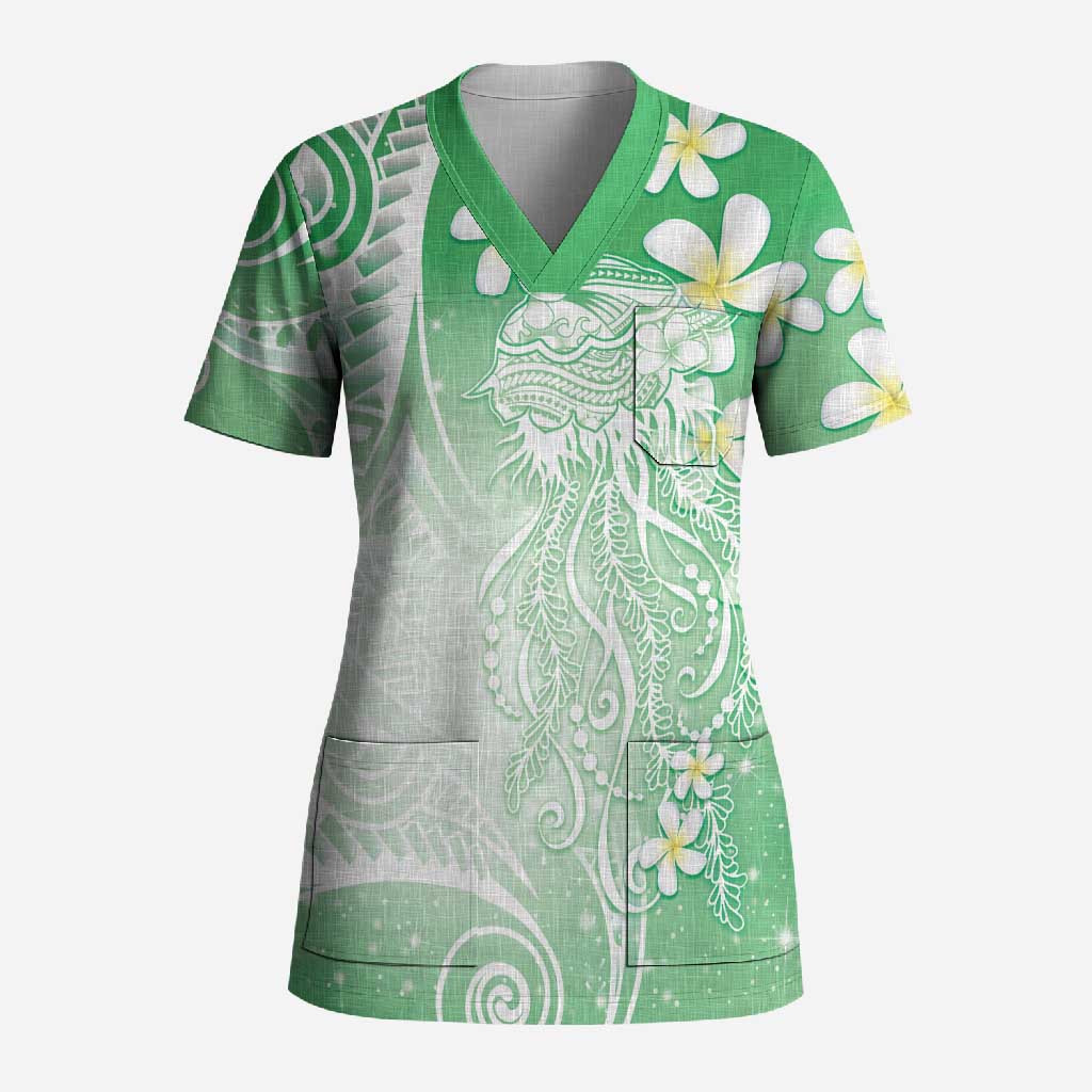 Polynesian Jellyfish Scrub Top With Plumeria Green LT05 Adult Green - Polynesian Pride