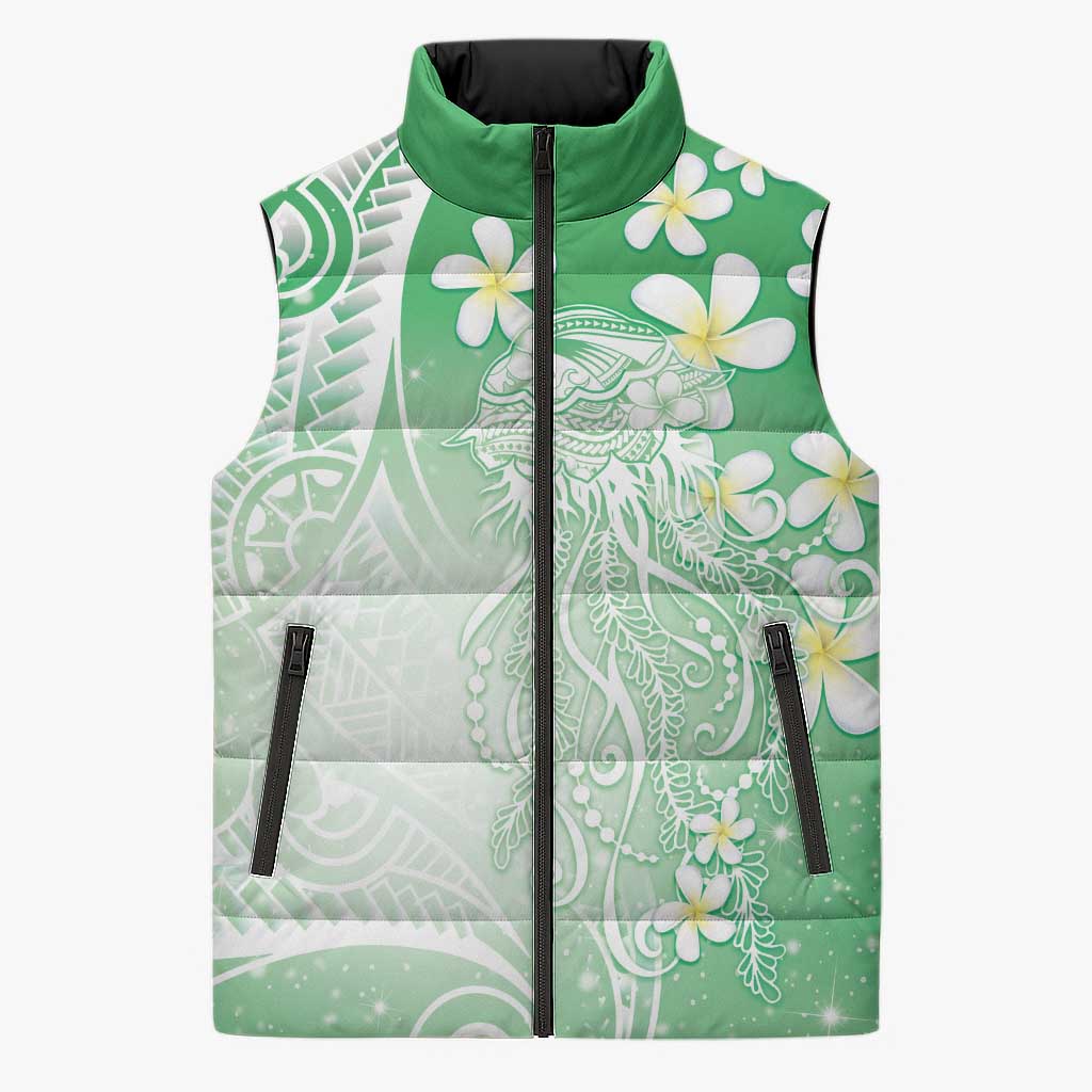 Polynesian Jellyfish Sleeveless Puffer Jacket With Plumeria Green