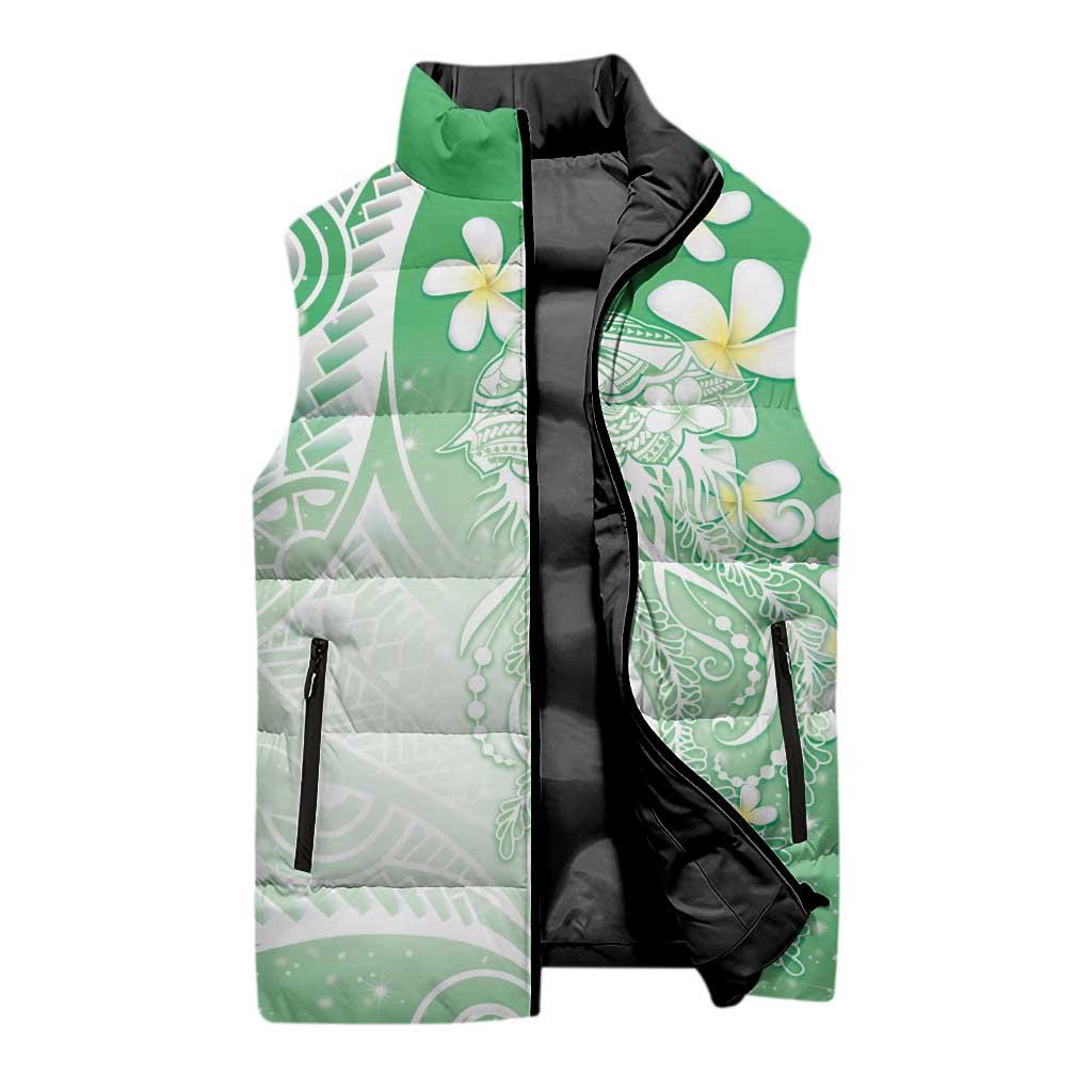 Polynesian Jellyfish Sleeveless Puffer Jacket With Plumeria Green