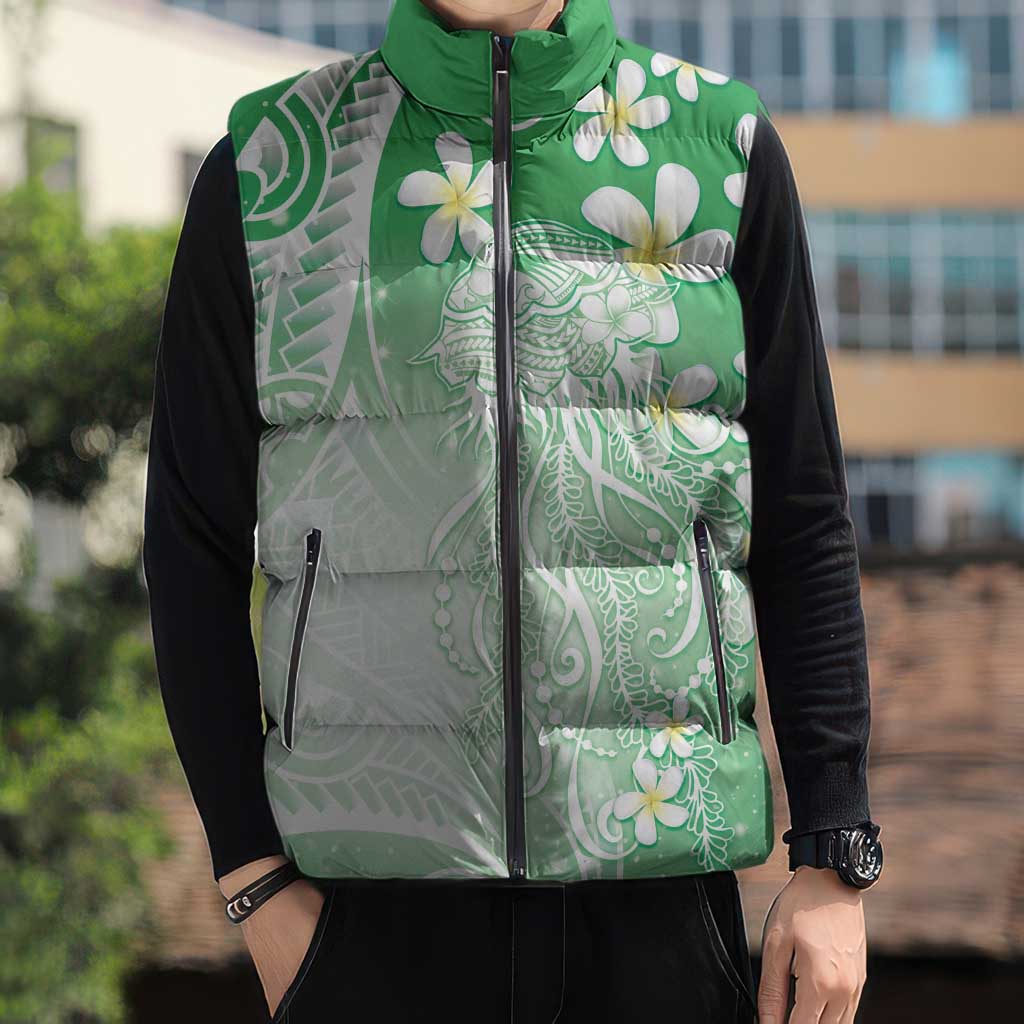 Polynesian Jellyfish Sleeveless Puffer Jacket With Plumeria Green