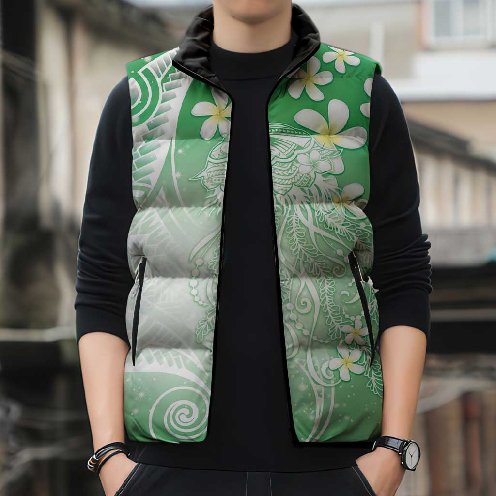 Polynesian Jellyfish Sleeveless Puffer Jacket With Plumeria Green