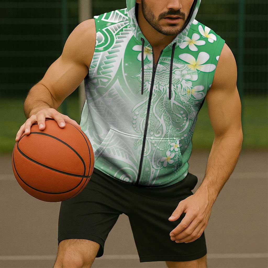Polynesian Jellyfish Sleeveless Zip Hoodie With Plumeria Green