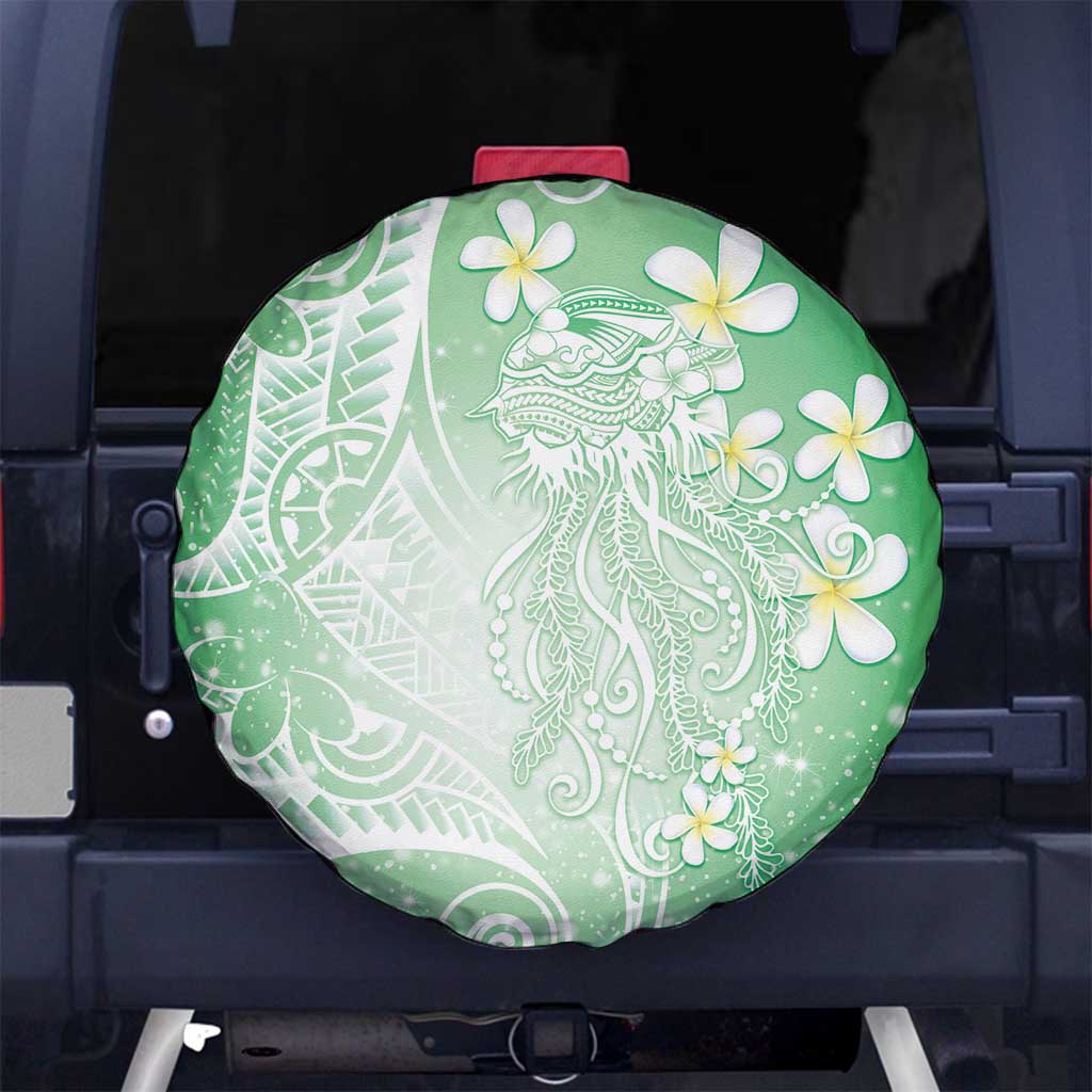 Polynesian Jellyfish Spare Tire Cover With Plumeria Green