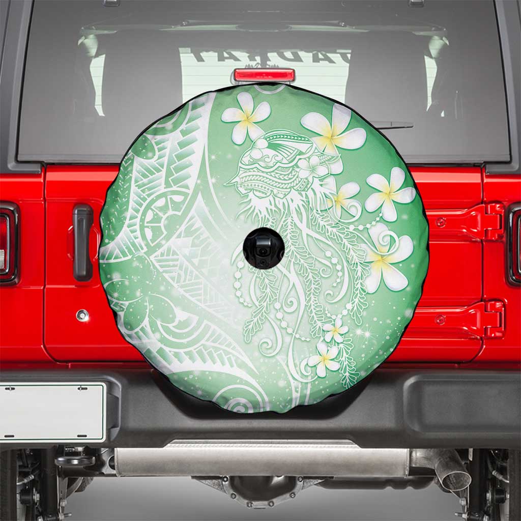 Polynesian Jellyfish Spare Tire Cover With Plumeria Green
