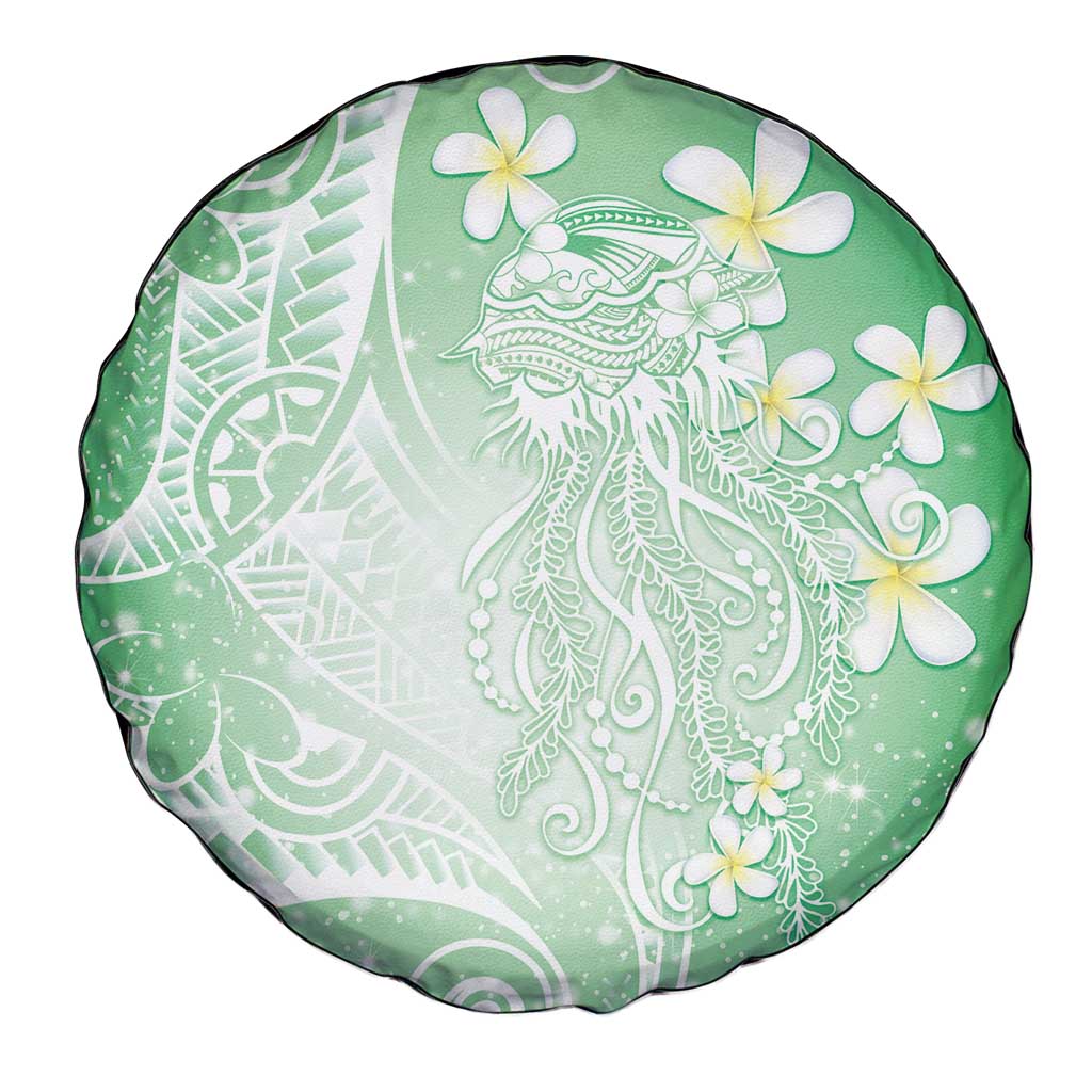 Polynesian Jellyfish Spare Tire Cover With Plumeria Green