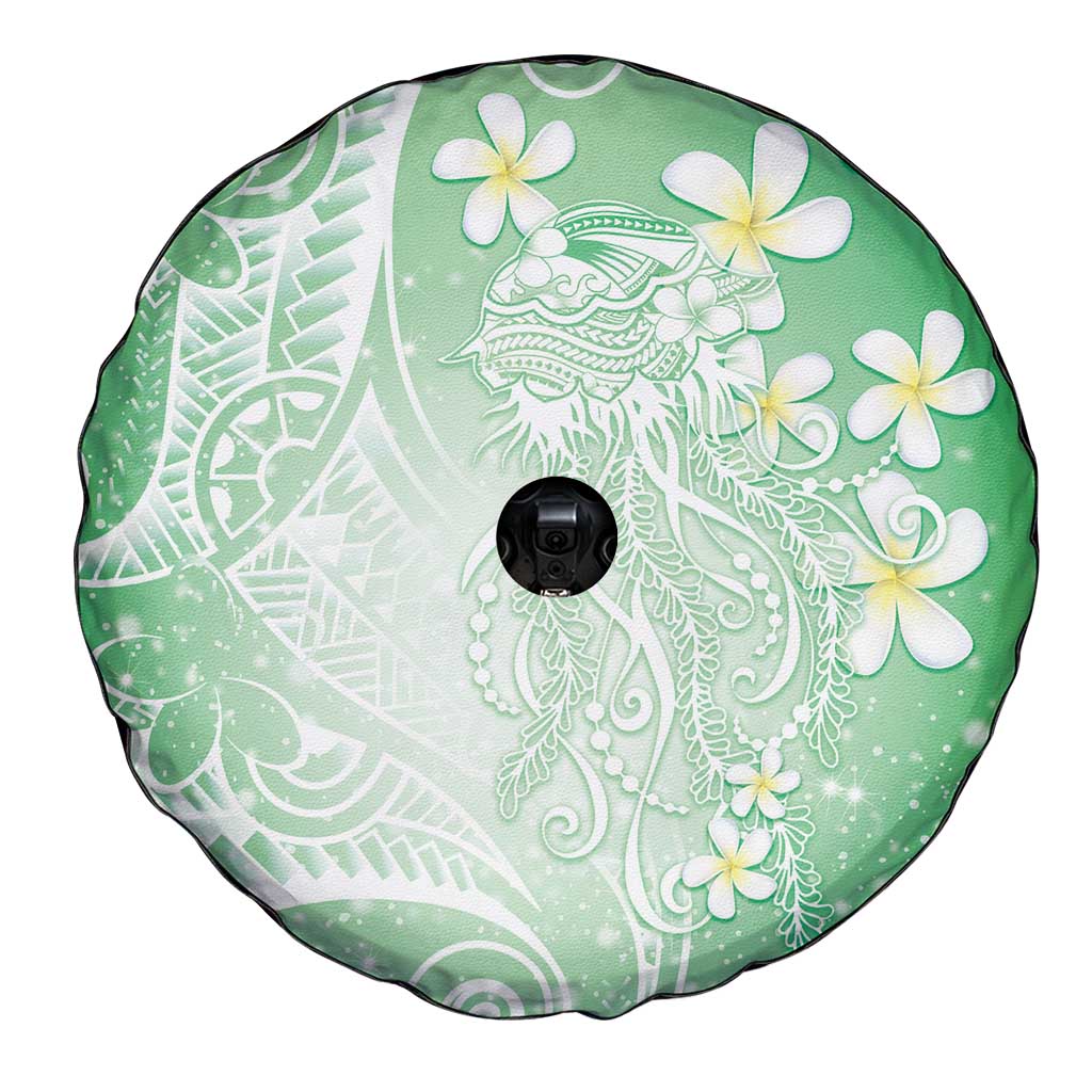 Polynesian Jellyfish Spare Tire Cover With Plumeria Green