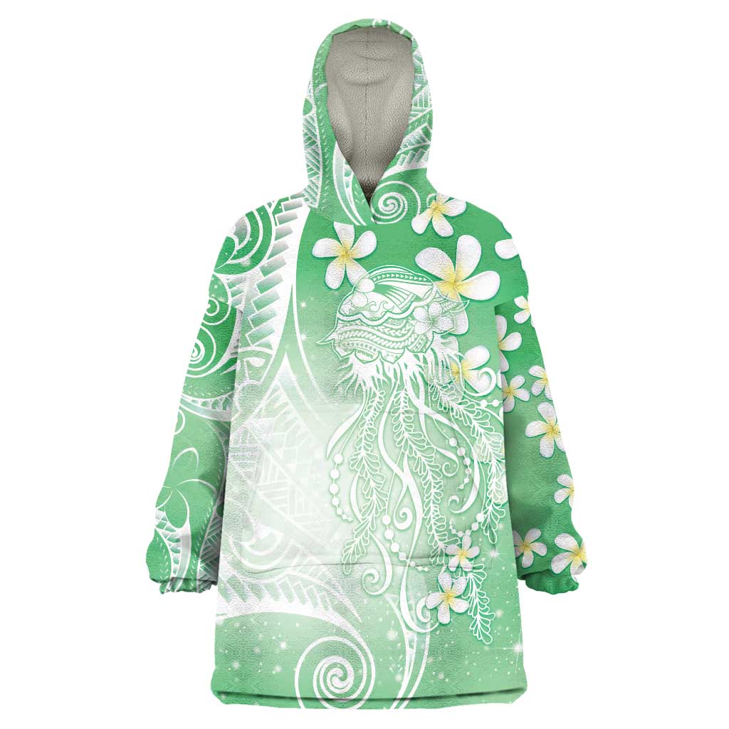 Polynesian Jellyfish Wearable Blanket Hoodie With Plumeria Green