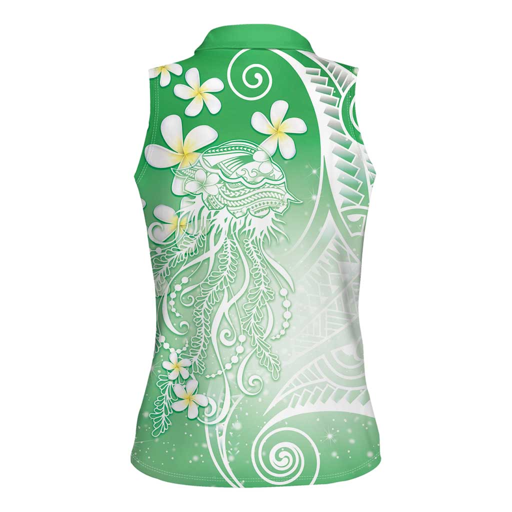 Polynesian Jellyfish Women Sleeveless Polo Shirt With Plumeria Green