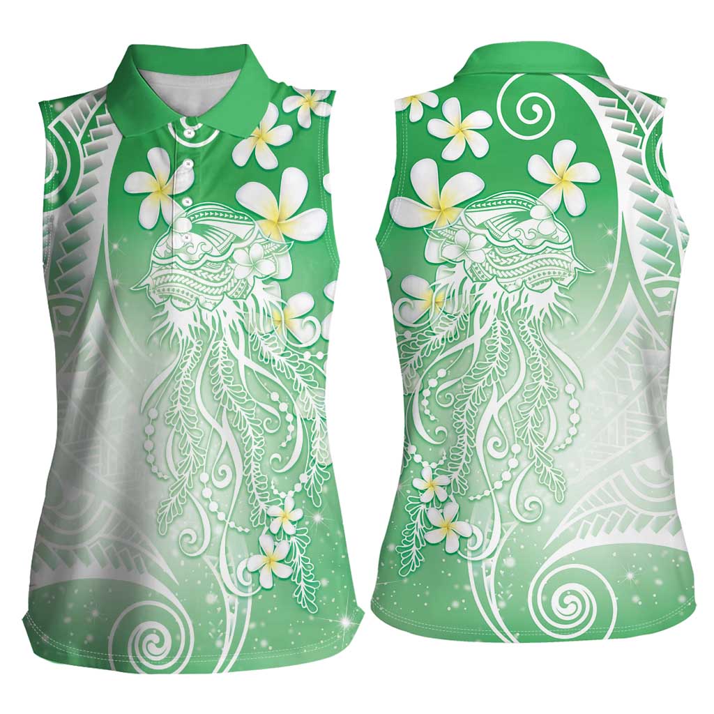 Polynesian Jellyfish Women Sleeveless Polo Shirt With Plumeria Green