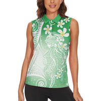 Polynesian Jellyfish Women Sleeveless Polo Shirt With Plumeria Green