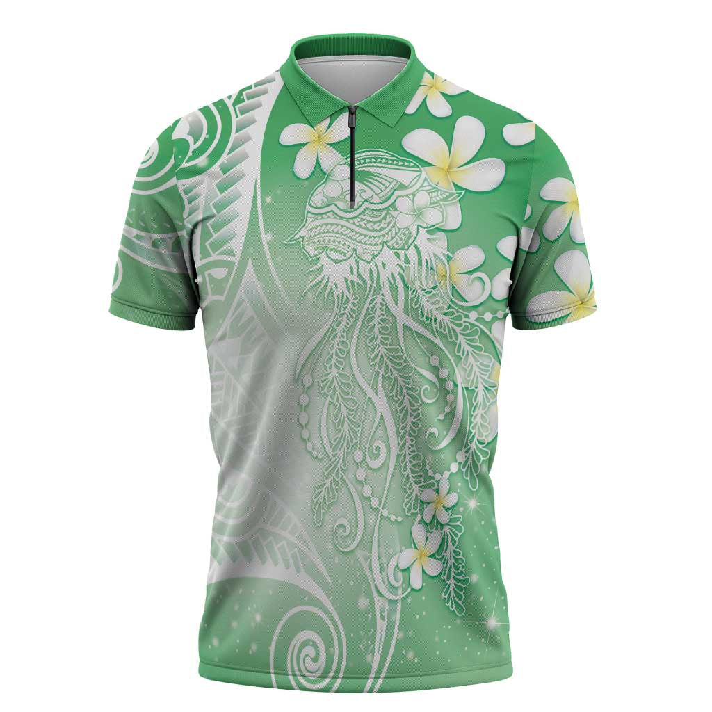 Polynesian Jellyfish Zipper Polo Shirt With Plumeria Green