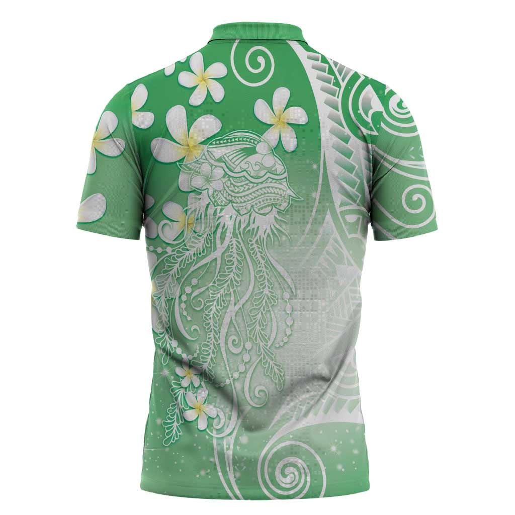 Polynesian Jellyfish Zipper Polo Shirt With Plumeria Green