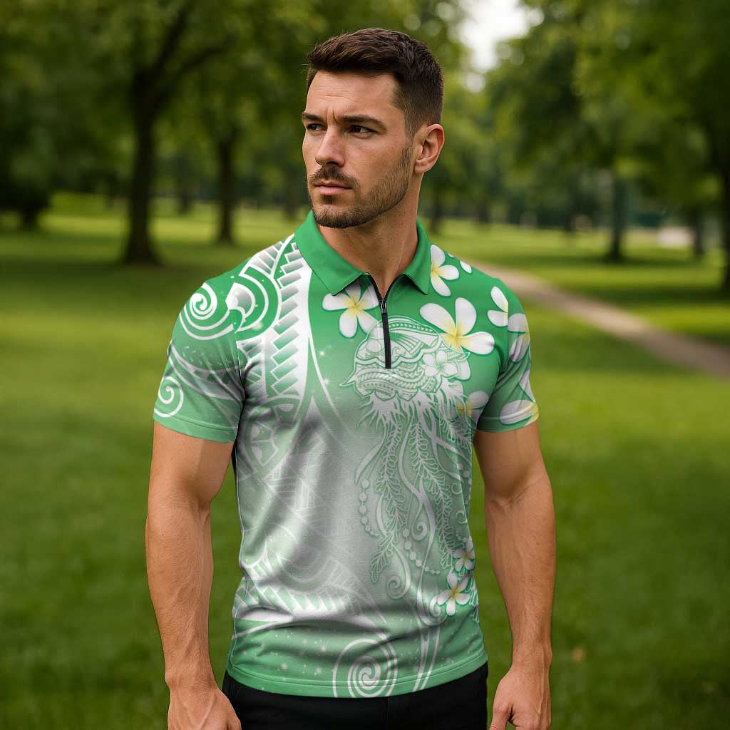 Polynesian Jellyfish Zipper Polo Shirt With Plumeria Green
