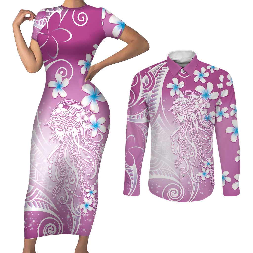 Polynesian Jellyfish Couples Matching Short Sleeve Bodycon Dress and Long Sleeve Button Shirt With Plumeria Pink