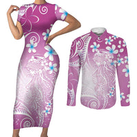 Polynesian Jellyfish Couples Matching Short Sleeve Bodycon Dress and Long Sleeve Button Shirt With Plumeria Pink