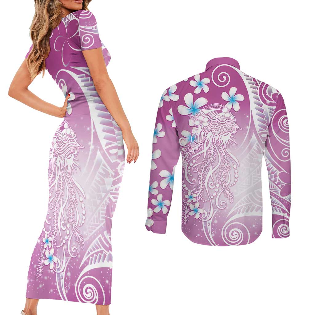 Polynesian Jellyfish Couples Matching Short Sleeve Bodycon Dress and Long Sleeve Button Shirt With Plumeria Pink