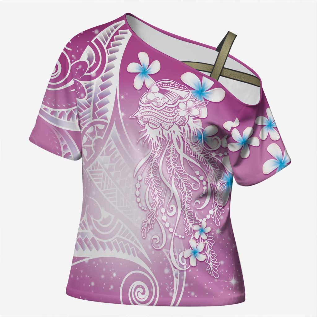Polynesian Jellyfish Cross Shoulder Shirt With Plumeria Pink
