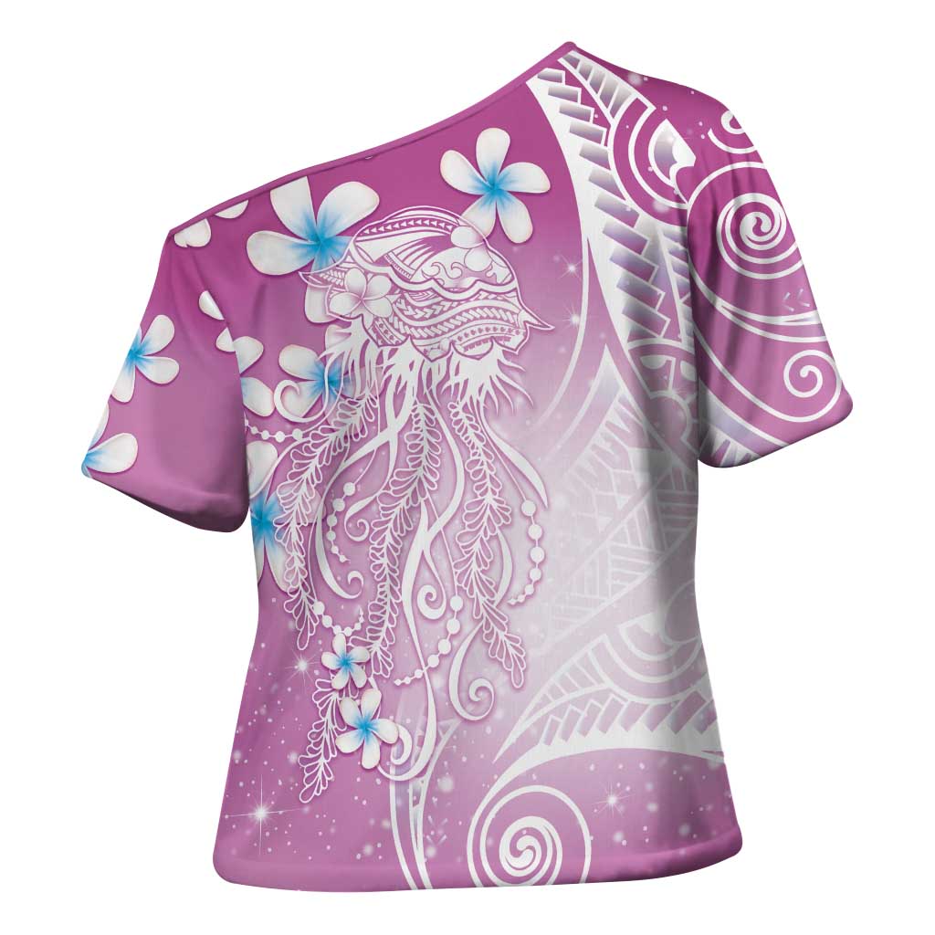 Polynesian Jellyfish Cross Shoulder Shirt With Plumeria Pink