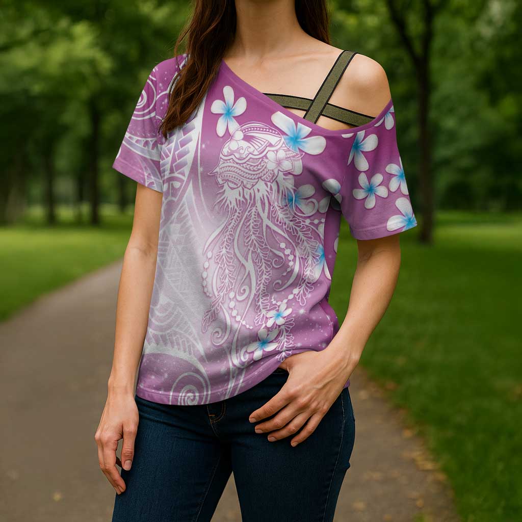 Polynesian Jellyfish Cross Shoulder Shirt With Plumeria Pink