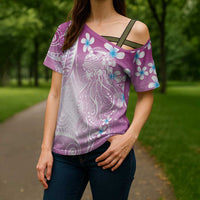 Polynesian Jellyfish Cross Shoulder Shirt With Plumeria Pink