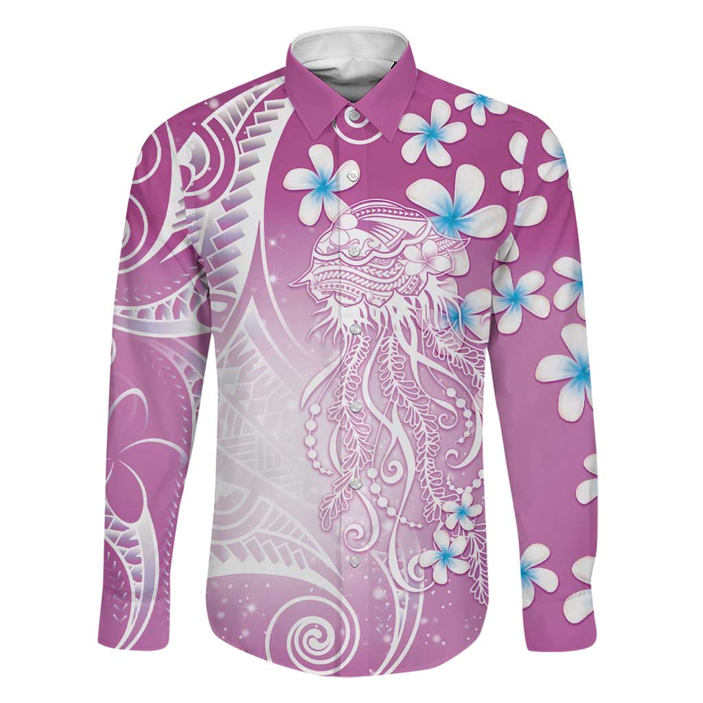Polynesian Jellyfish Family Matching Off The Shoulder Long Sleeve Dress and Hawaiian Shirt With Plumeria Pink LT05 Dad's Shirt - Long Sleeve Pink - Polynesian Pride