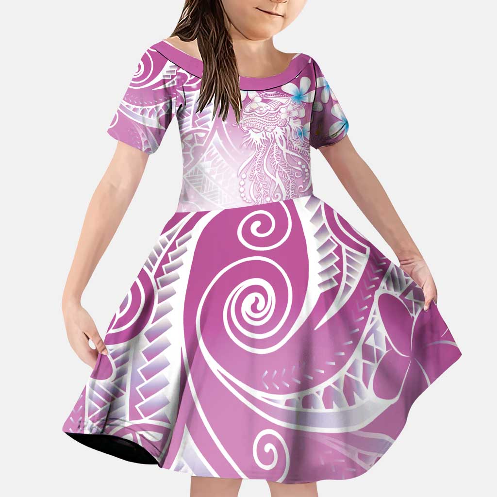 Polynesian Jellyfish Family Matching Puletasi and Hawaiian Shirt With Plumeria Pink LT05 Daughter's Dress Pink - Polynesian Pride