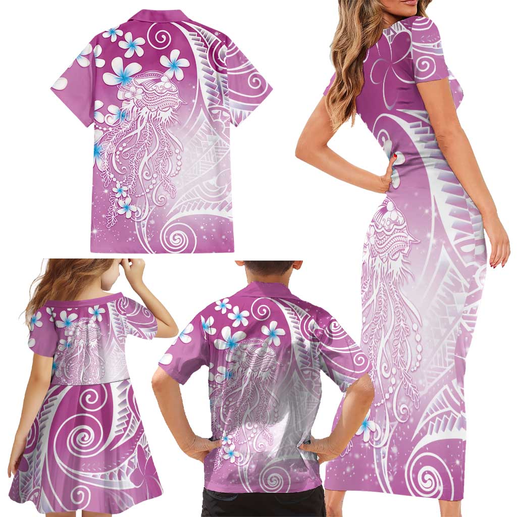 Polynesian Jellyfish Family Matching Short Sleeve Bodycon Dress and Hawaiian Shirt With Plumeria Pink