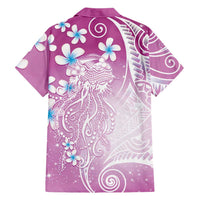 Polynesian Jellyfish Family Matching Short Sleeve Bodycon Dress and Hawaiian Shirt With Plumeria Pink
