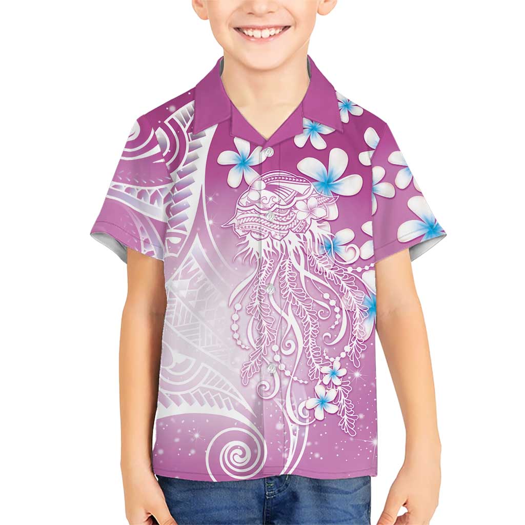 Polynesian Jellyfish Family Matching Short Sleeve Bodycon Dress and Hawaiian Shirt With Plumeria Pink