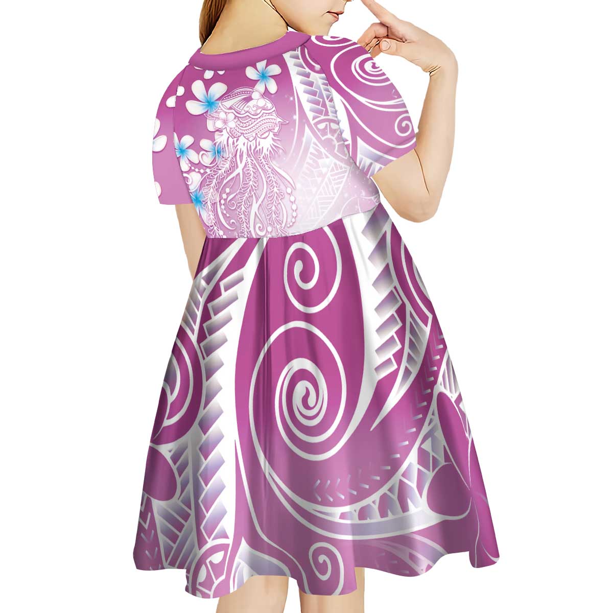 Polynesian Jellyfish Kid Short Sleeve Dress With Plumeria Pink