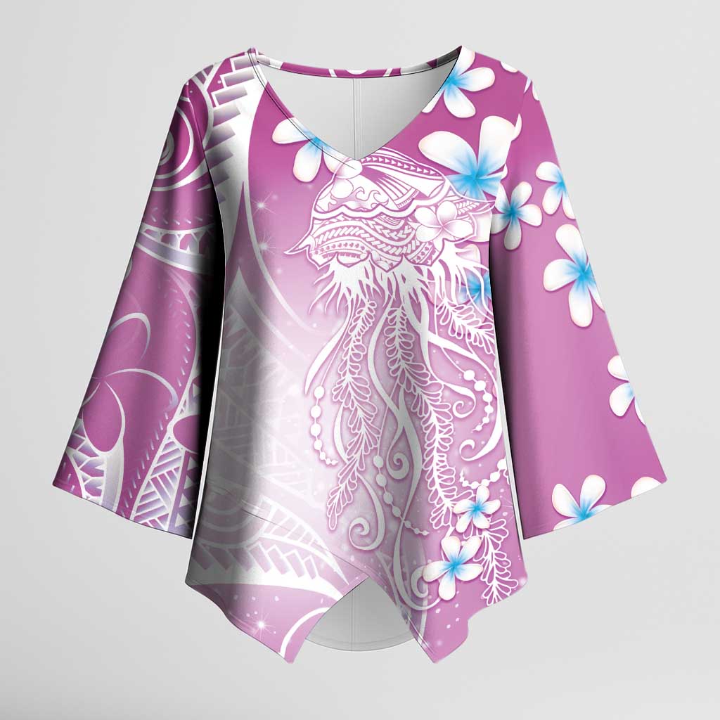 Polynesian Jellyfish Kimono Sleeve Blouse With Plumeria Pink