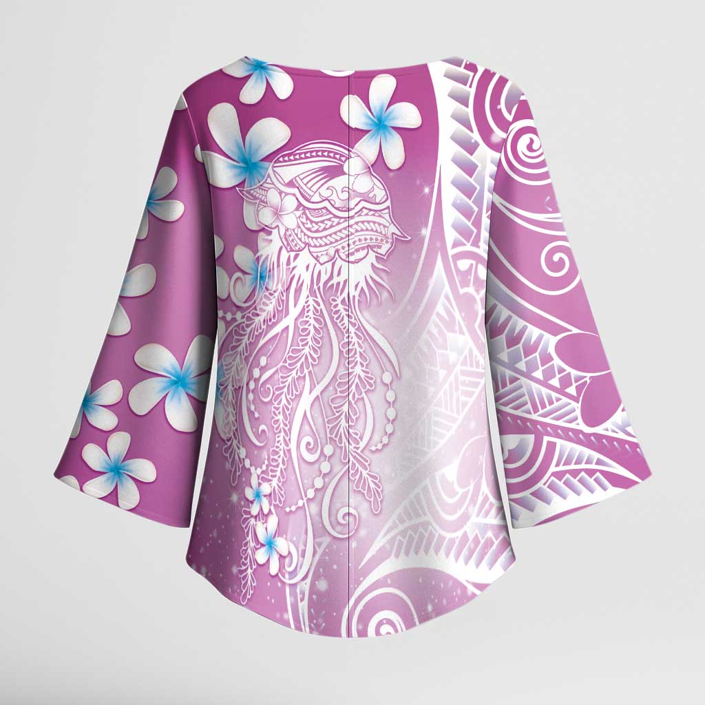 Polynesian Jellyfish Kimono Sleeve Blouse With Plumeria Pink