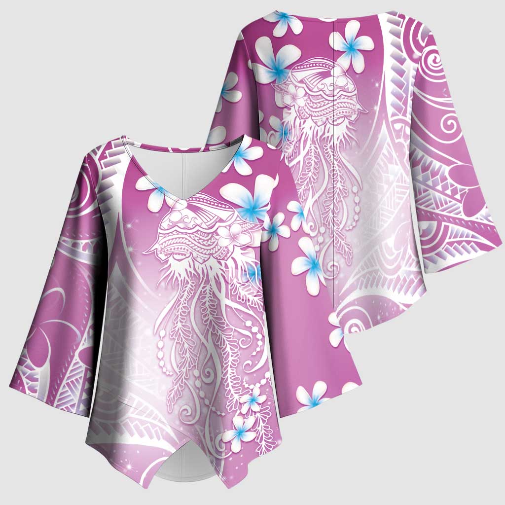 Polynesian Jellyfish Kimono Sleeve Blouse With Plumeria Pink