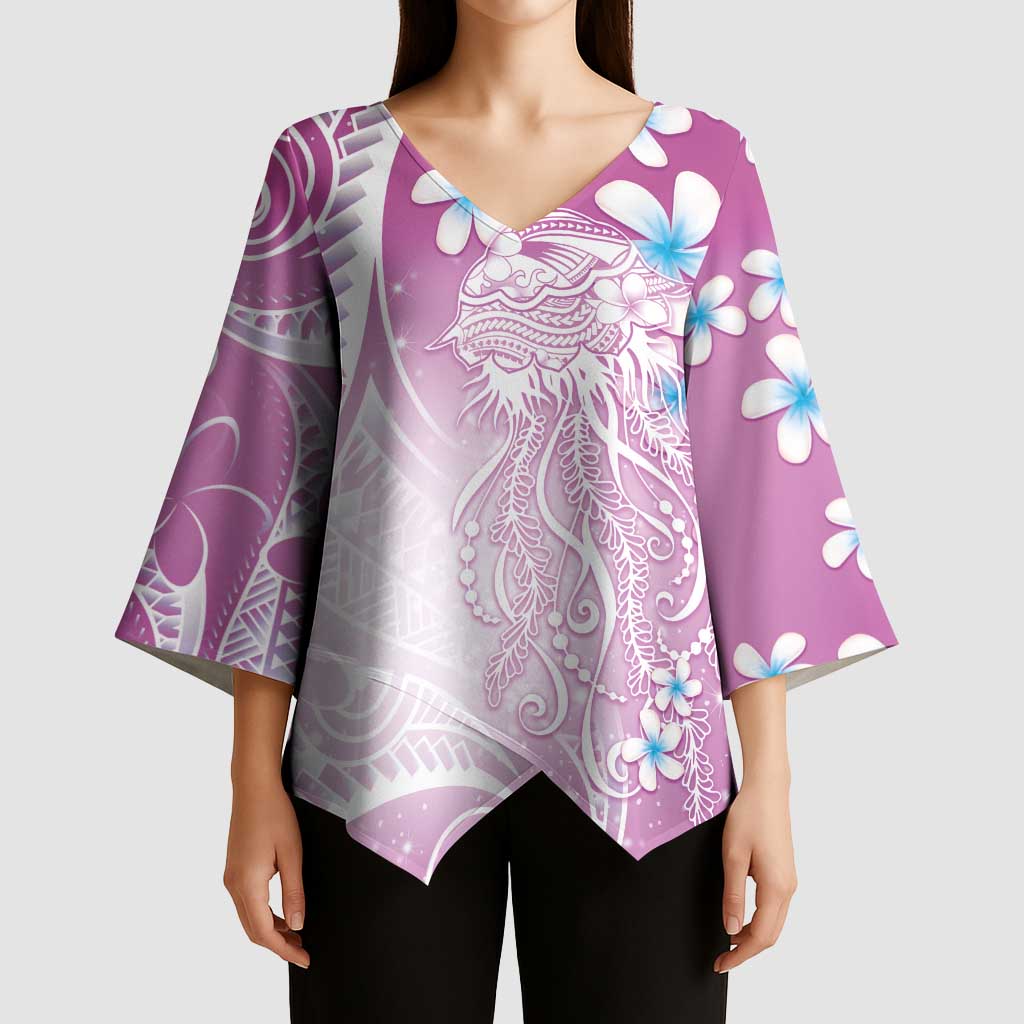 Polynesian Jellyfish Kimono Sleeve Blouse With Plumeria Pink