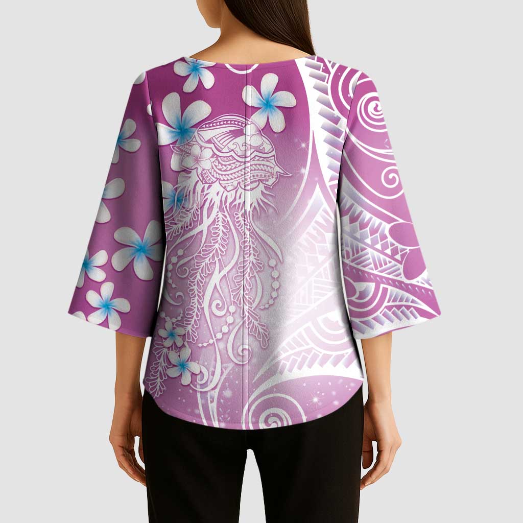 Polynesian Jellyfish Kimono Sleeve Blouse With Plumeria Pink