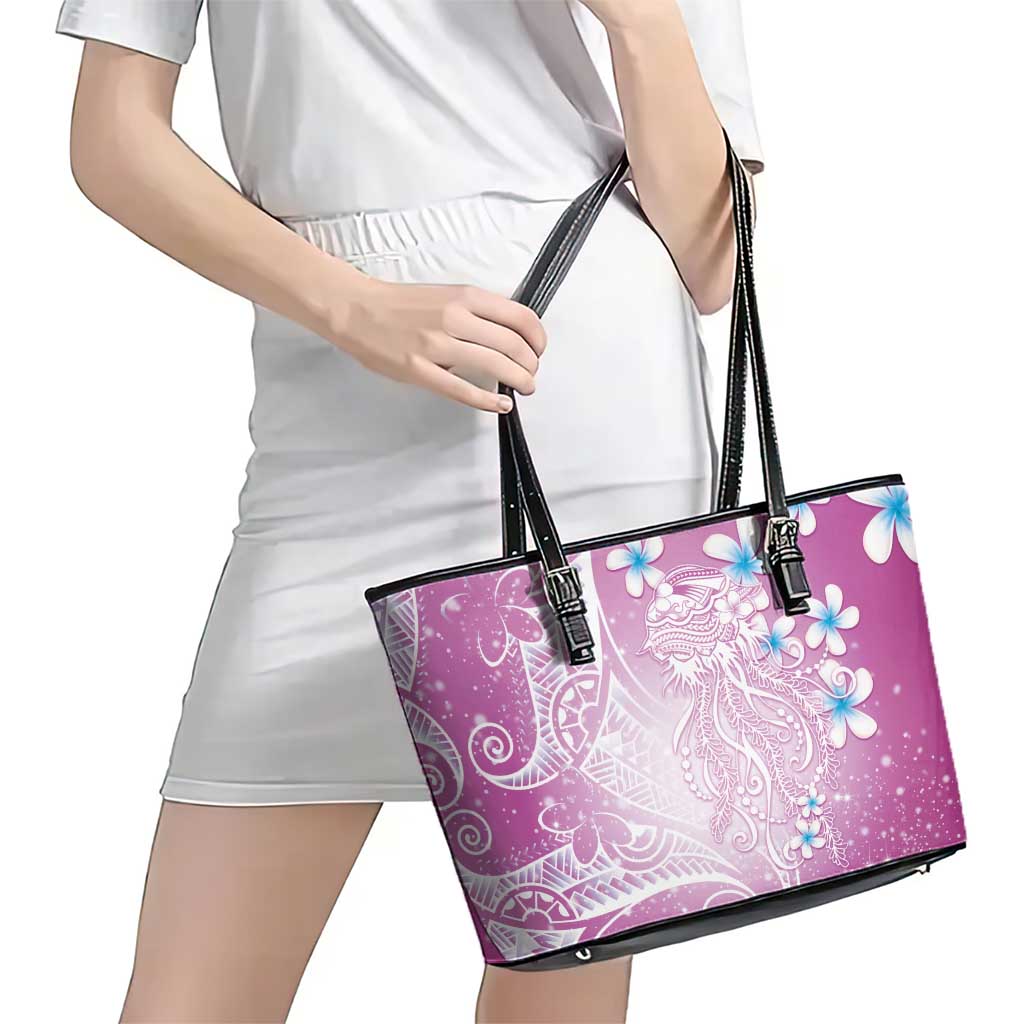 Polynesian Jellyfish Leather Tote Bag With Plumeria Pink LT05 - Polynesian Pride