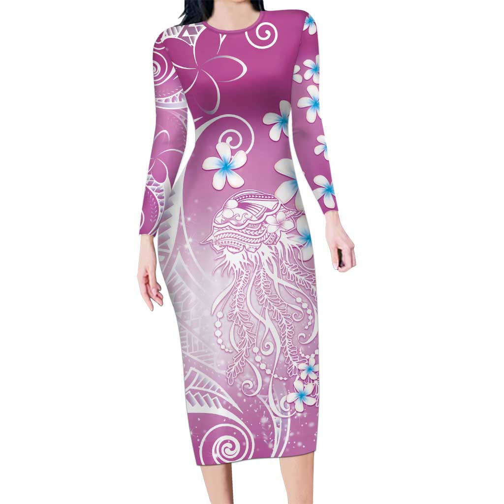 Polynesian Jellyfish Long Sleeve Bodycon Dress With Plumeria Pink