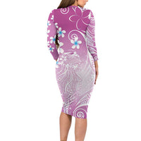 Polynesian Jellyfish Long Sleeve Bodycon Dress With Plumeria Pink