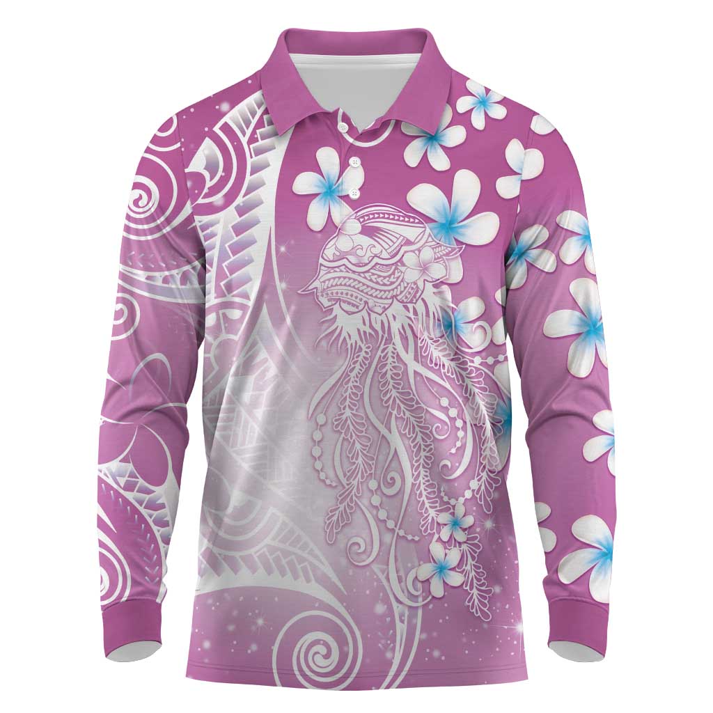 Polynesian Jellyfish Long Sleeve Polo Shirt With Plumeria Pink