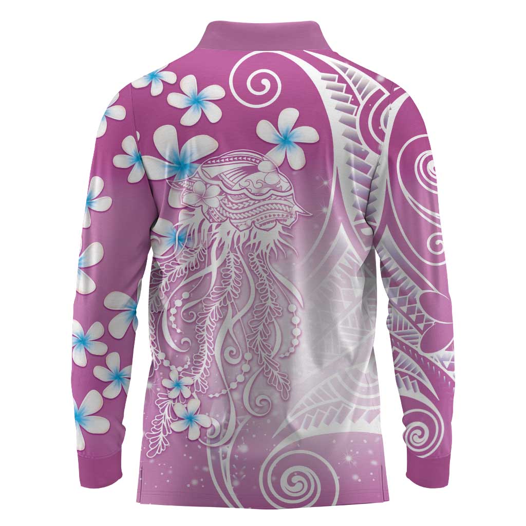 Polynesian Jellyfish Long Sleeve Polo Shirt With Plumeria Pink