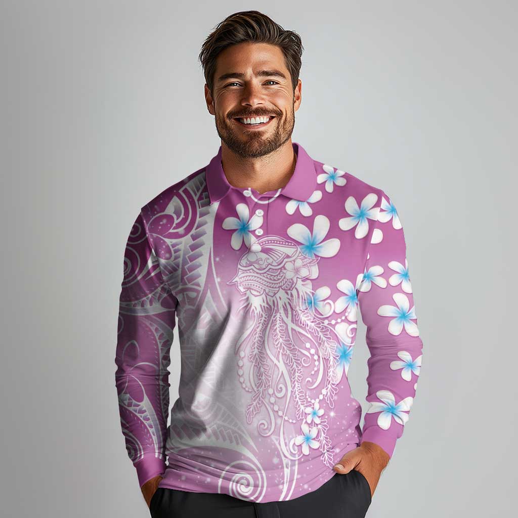 Polynesian Jellyfish Long Sleeve Polo Shirt With Plumeria Pink