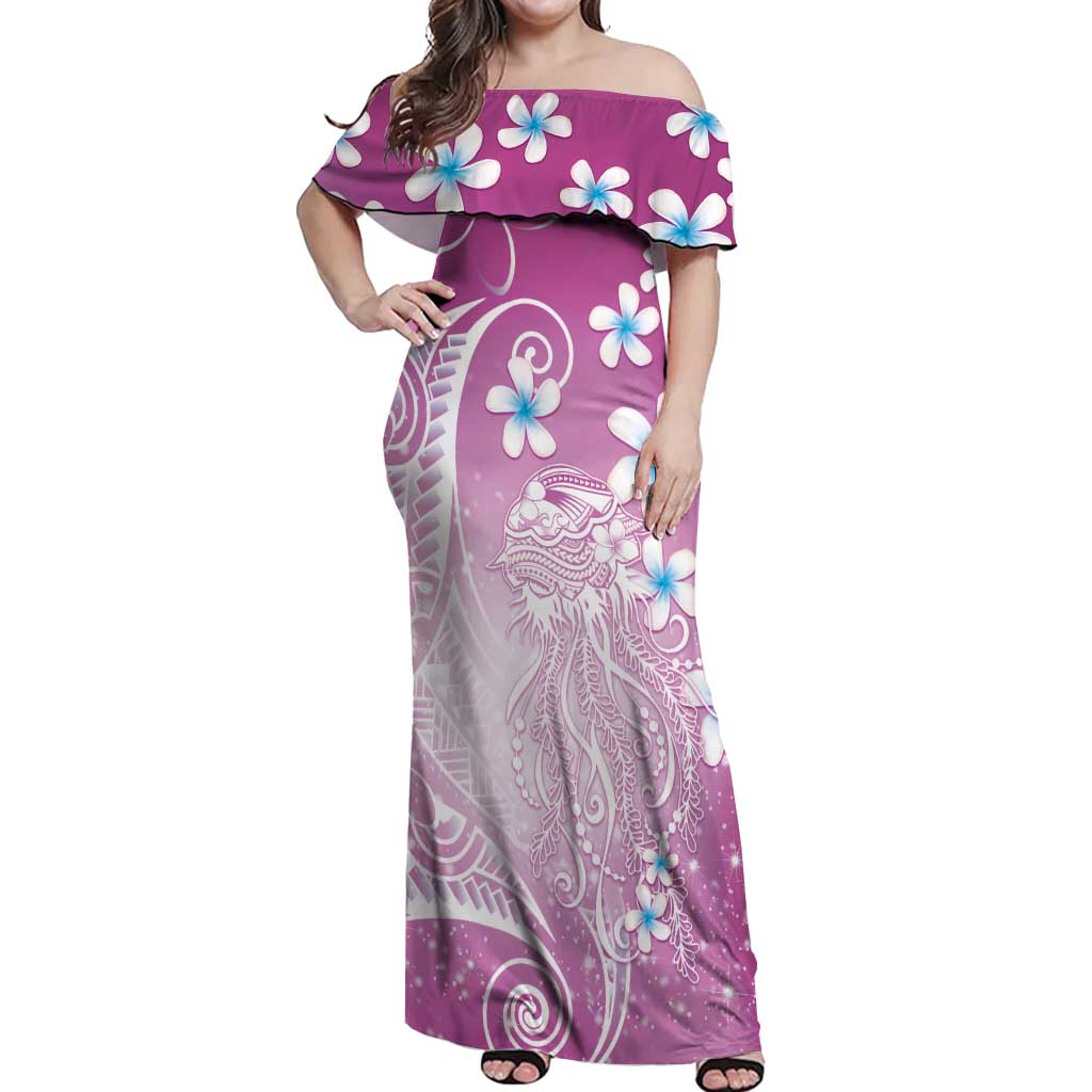 Polynesian Jellyfish Off Shoulder Maxi Dress With Plumeria Pink