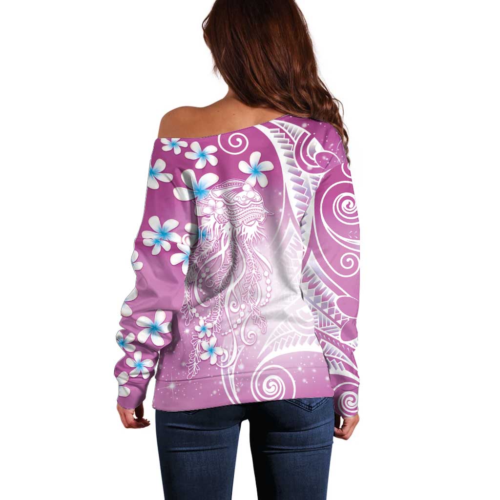 Polynesian Jellyfish Off Shoulder Sweater With Plumeria Pink