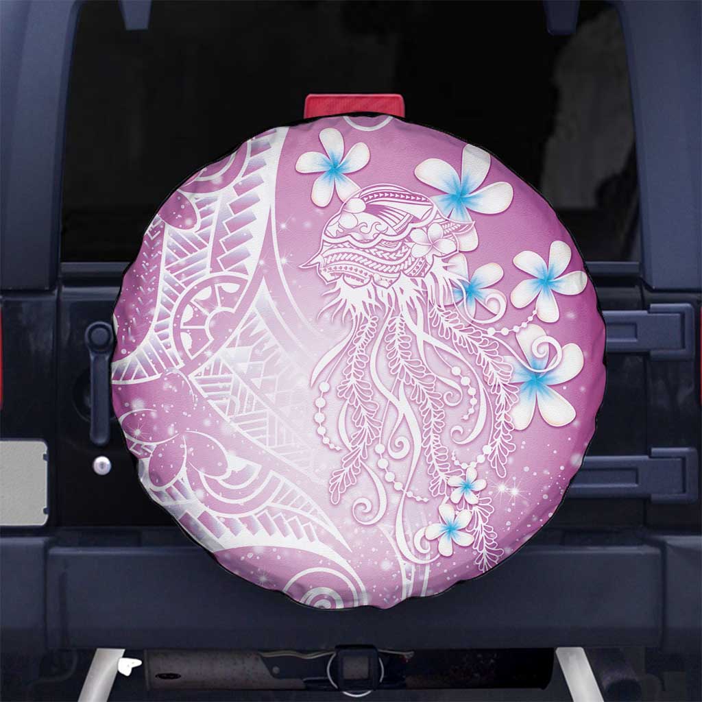 Polynesian Jellyfish Spare Tire Cover With Plumeria Pink