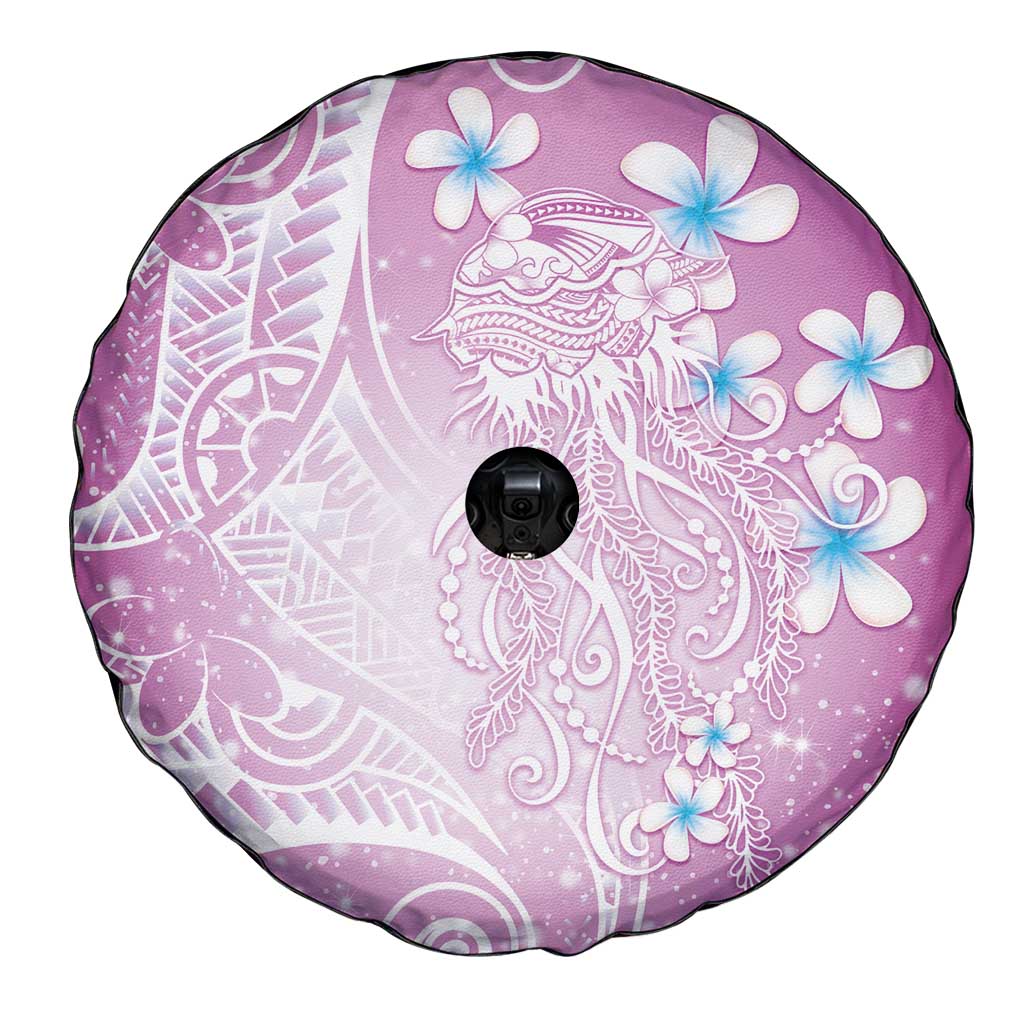 Polynesian Jellyfish Spare Tire Cover With Plumeria Pink