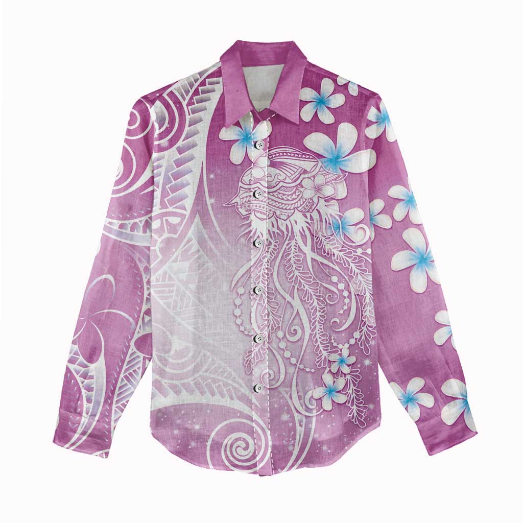 Polynesian Jellyfish Women Casual Shirt With Plumeria Pink