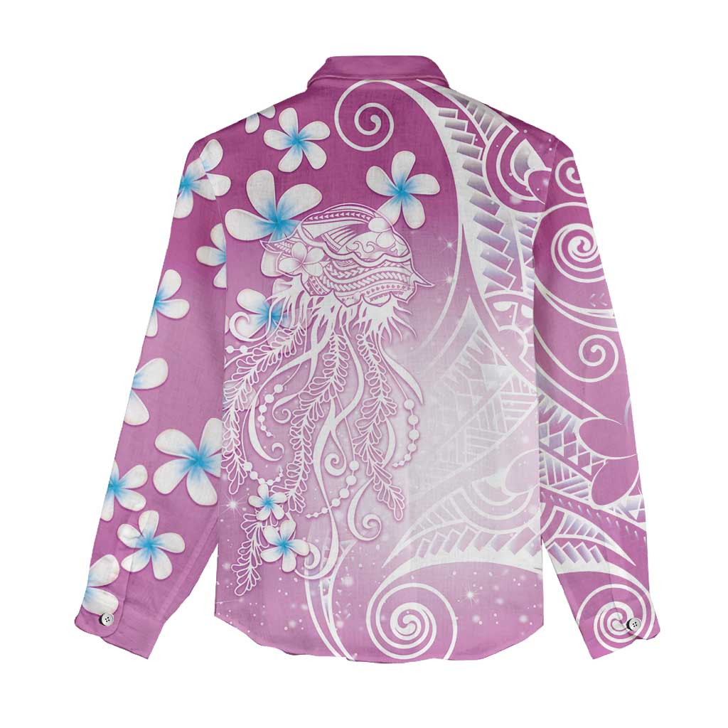 Polynesian Jellyfish Women Casual Shirt With Plumeria Pink