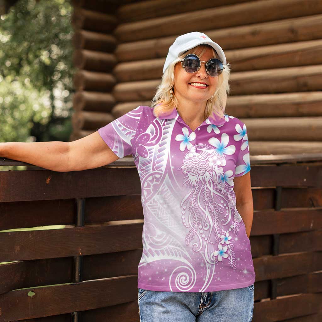 Polynesian Jellyfish Women Polo Shirt With Plumeria Pink